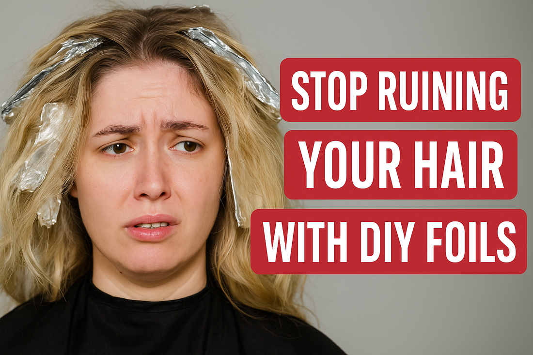 Thumbnail image of a worried woman with messy DIY foil highlights in her hair, alongside bold red text that reads 'Stop Ruining Your Hair with DIY Foils' in large white letters.