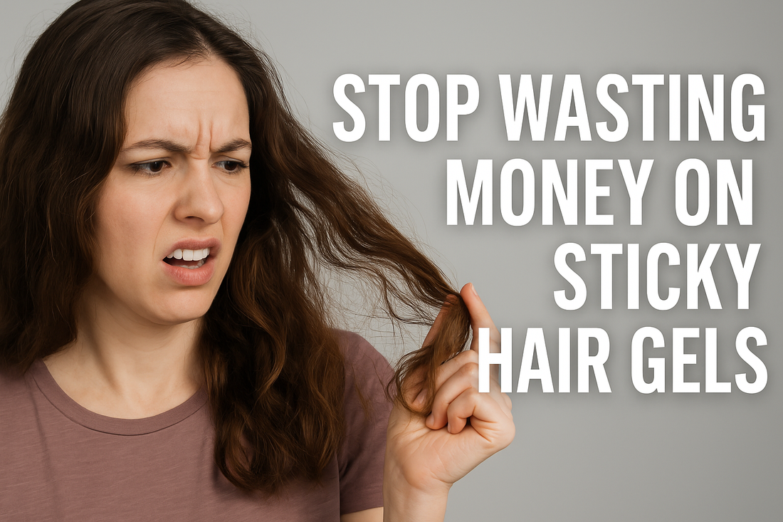 Frustrated young woman holding sticky, tangled hair while looking disgusted, with bold text reading “Stop Wasting Money on Sticky Hair Gels” on a gray background.