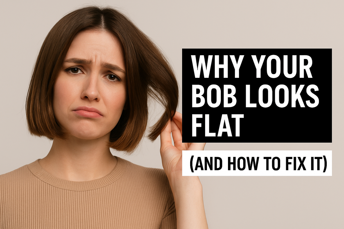 Thumbnail image of a woman with a flat bob haircut holding her hair and looking frustrated, with bold text reading ‘Why Your Bob Looks Flat (and How to Fix It).’