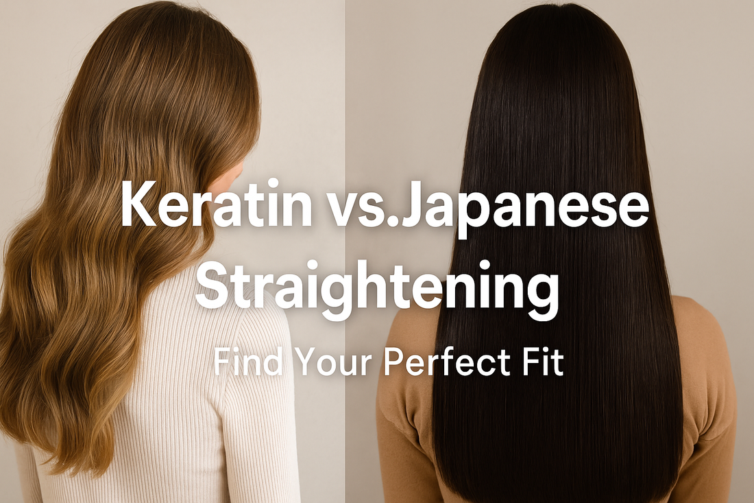 Side-by-side comparison of keratin vs Japanese straightening results. Left shows smooth, wavy frizz-free hair, right shows sleek, pin-straight glossy hair. Text overlay reads: Keratin vs Japanese Straightening – Find Your Perfect Fit.