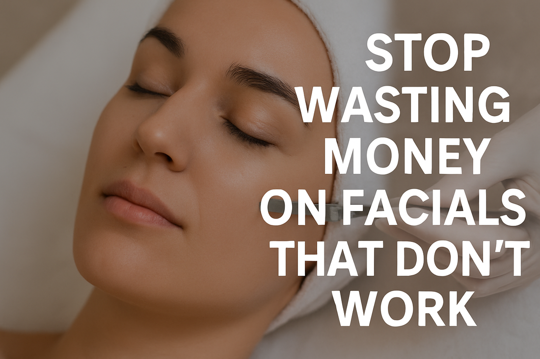 Woman getting dermaplane facial with bold text: “Stop Wasting Money on Facials That Don’t Work.”
