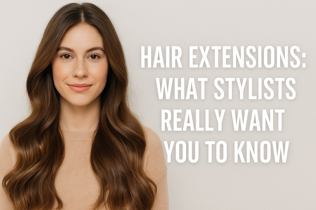 Smiling woman with long, healthy brown hair styled in soft waves, next to bold text that reads: Hair Extensions: What Stylists Really Want You to Know. Neutral background, landscape orientation.