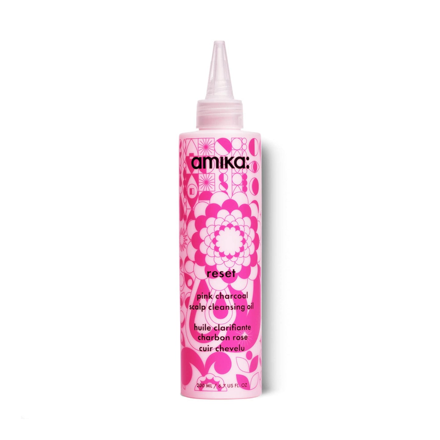 Amika Reset Pink Charcoal Scalp Cleansing Oil 6.7oz bottle hair care at Pasadena Aveda salon