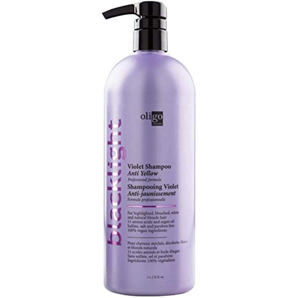 Oligo Blacklight Violet Shampoo Anti-Yellow close up label detail at Pasadena hair salon