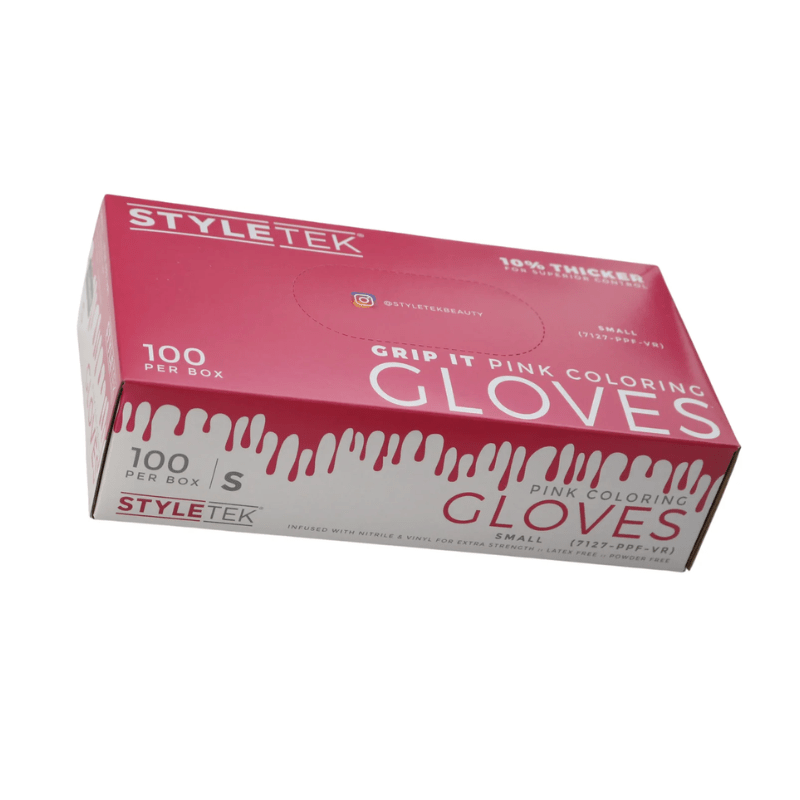 Styletek Pink Powder Free Gloves packaging close-up at Bokaos Aveda Salon Pasadena