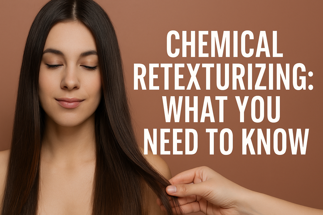 A young woman with sleek, straight dark brown hair smiling softly while a stylist holds a section of her hair. Bold text reads: 'Chemical Retexturizing: What You Need to Know' on a warm brown background.