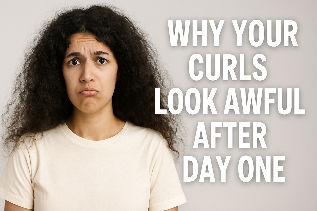 A young woman with curly, frizzy hair looks frustrated against a plain background. Large bold text beside her reads: “Why Your Curls Look Awful After Day One.”