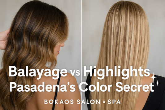 Balayage vs Highlights hair comparison thumbnail for Bokaos Salon & Spa in Pasadena, showing brunette balayage waves on the left and blonde foiled highlights on the right with bold text overlay.