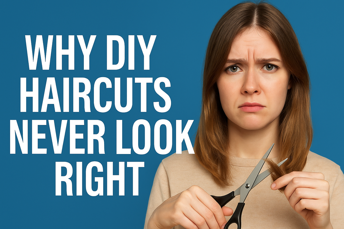 A young woman with light brown hair looks concerned while holding scissors to cut her own hair. Bold white text on a blue background reads, “Why DIY Haircuts Never Look Right.” Landscape thumbnail format.