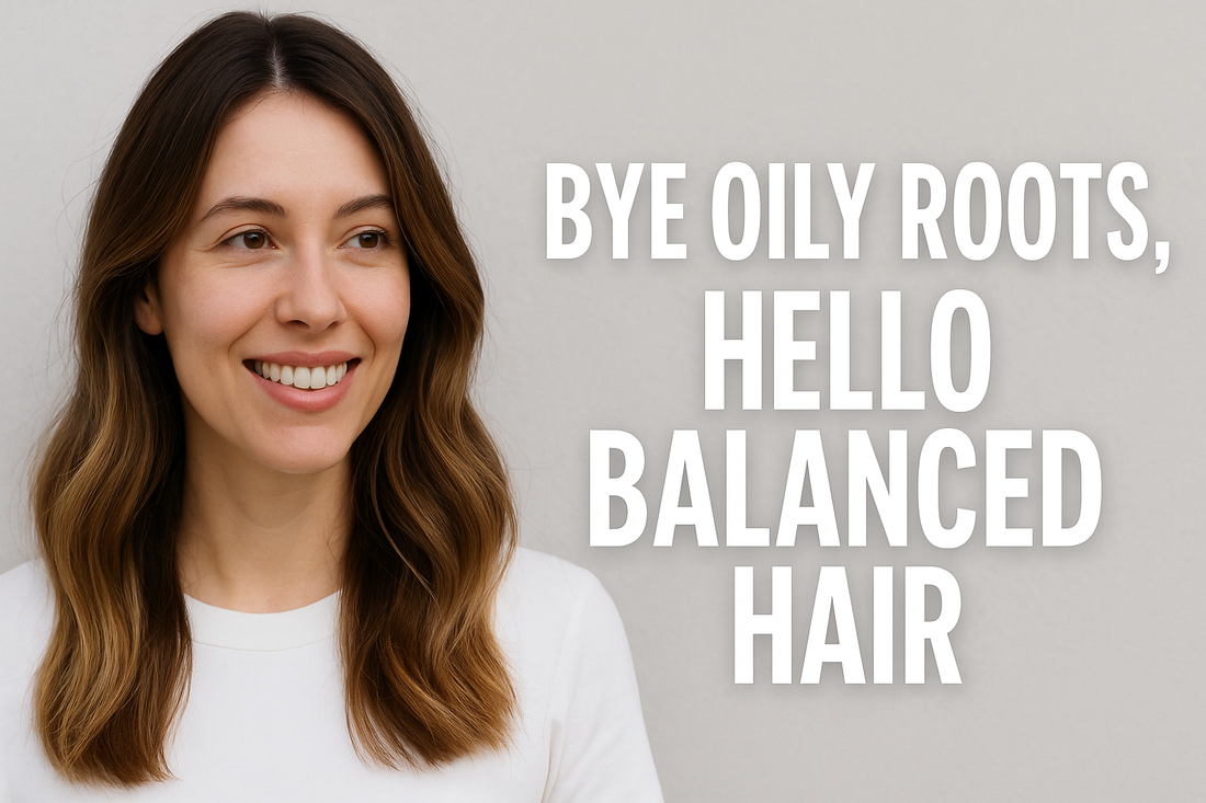 Smiling woman with shiny brown hair next to text that reads ‘Bye Oily Roots, Hello Balanced Hair’ in a clean landscape salon blog thumbnail design.