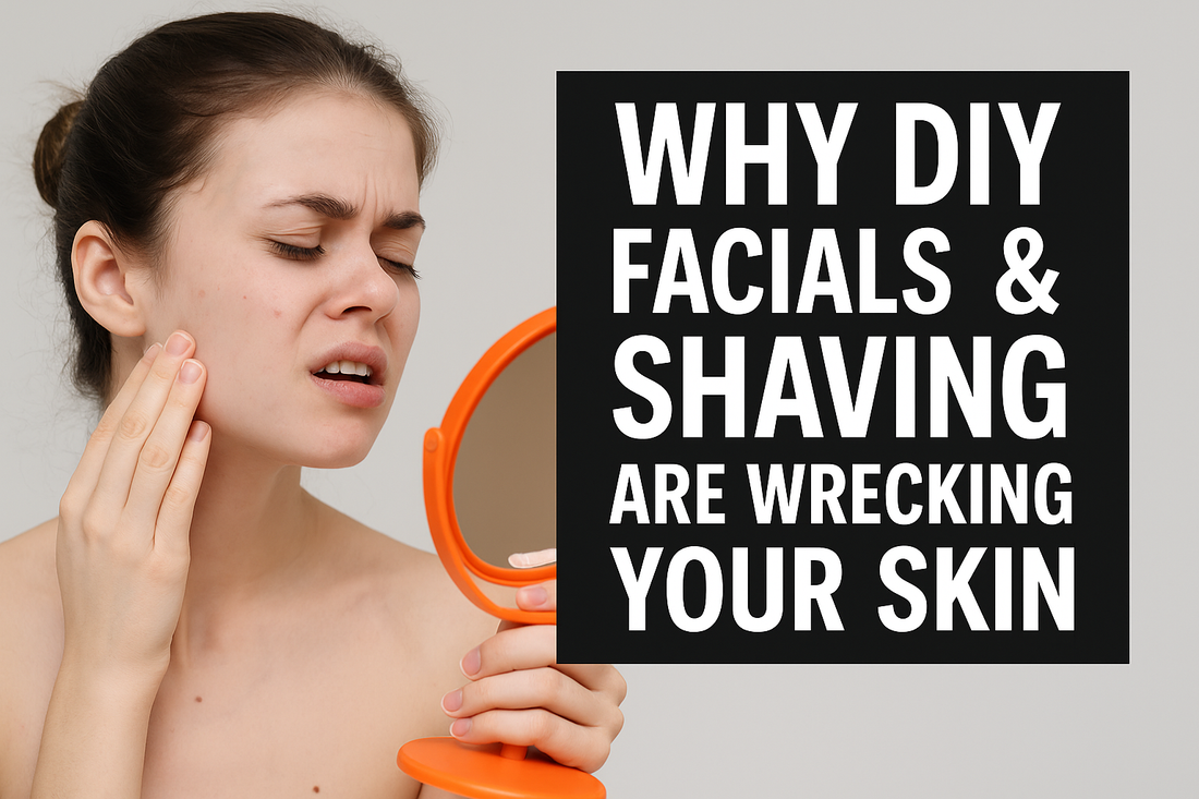 Young woman with troubled expression examining her skin in a mirror, next to bold text reading ‘Why DIY Facials & Shaving Are Wrecking Your Skin’ – landscape thumbnail design.