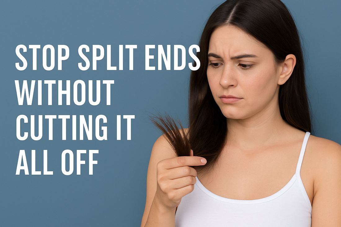 Concerned woman looking at split ends with text saying ‘Stop Split Ends Without Cutting It All Off.’