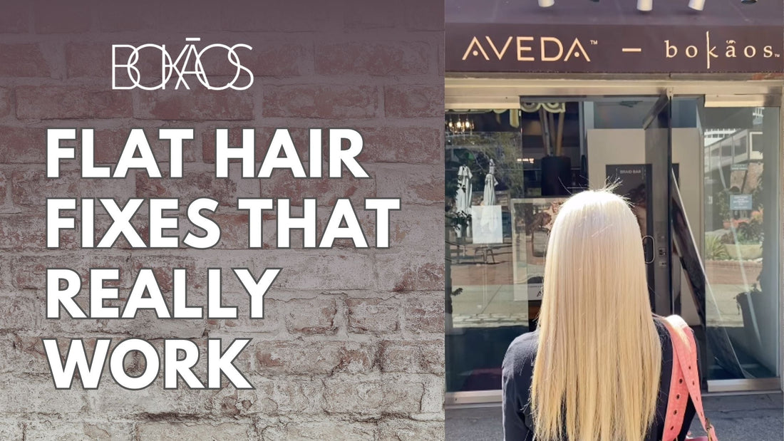 Woman with flat hair receiving styling treatment at Bokaos Aveda salon in Pasadena to fix midday hair flattening issues