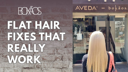 Woman with flat hair receiving styling treatment at Bokaos Aveda salon in Pasadena to fix midday hair flattening issues