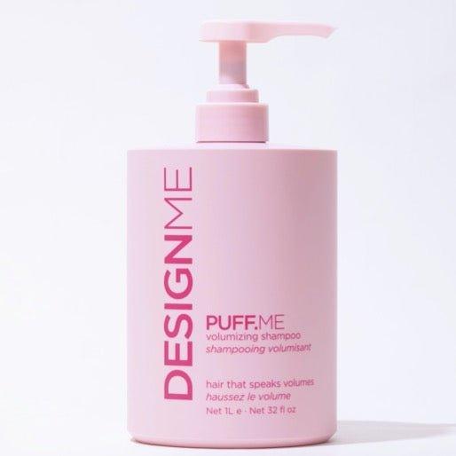 Design.Me Puff.ME Volume Shampoo back label detail at Pasadena Aveda hair salon