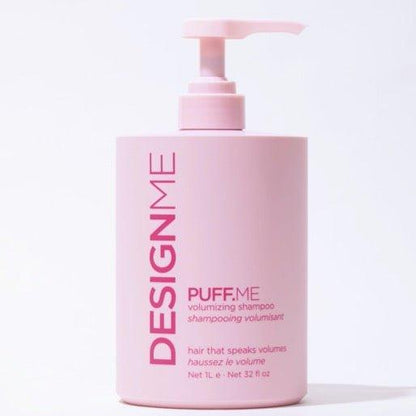 Design.Me Puff.ME Volume Shampoo back label detail at Pasadena Aveda hair salon