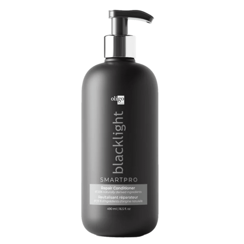 Oligo Blacklight Smart Conditioner back label close up at Pasadena hair salon