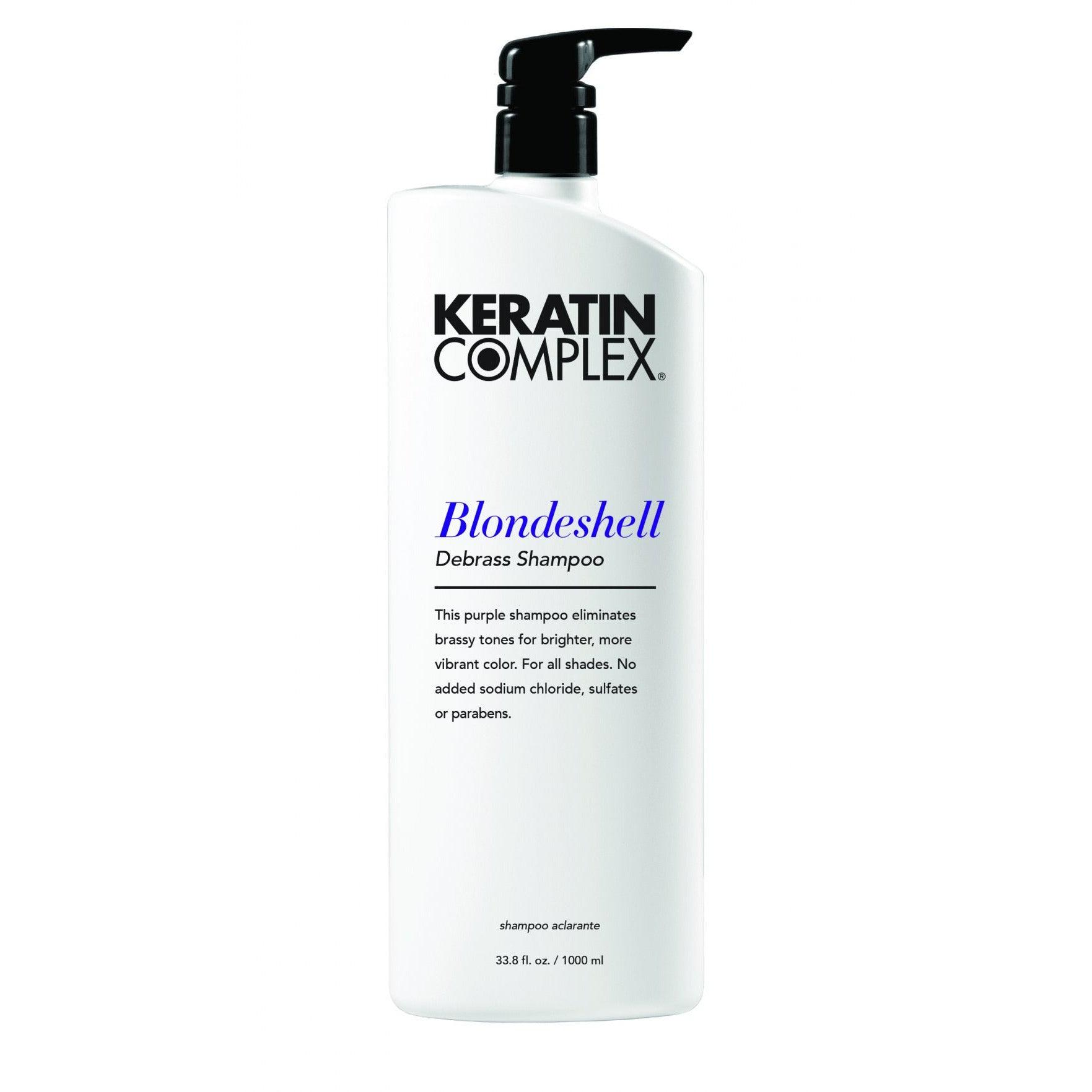 Keratin Complex Blondeshell Shampoo back label close up in Pasadena hair salon