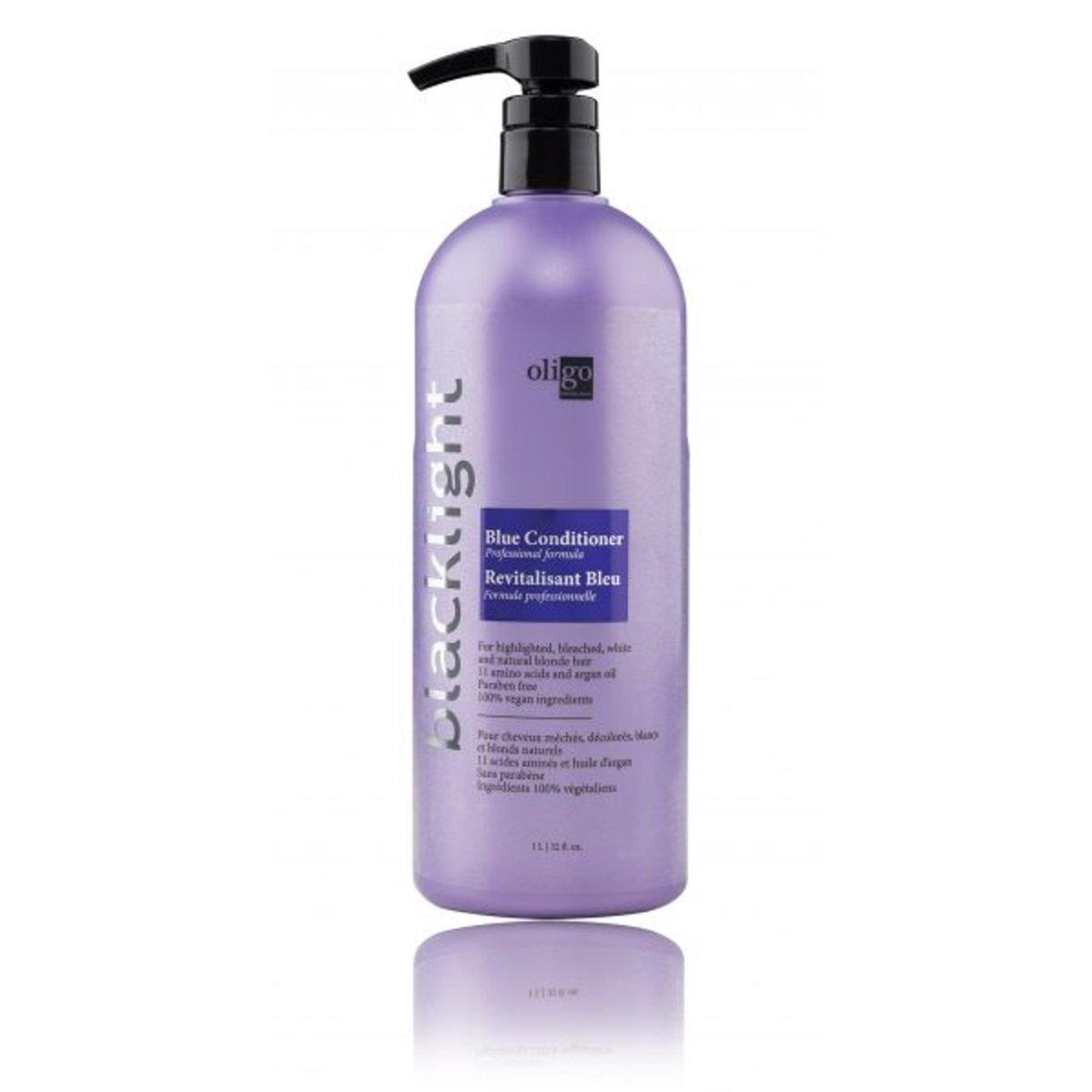 Oligo Blacklight Blue Conditioner back label detail at Pasadena hair salon