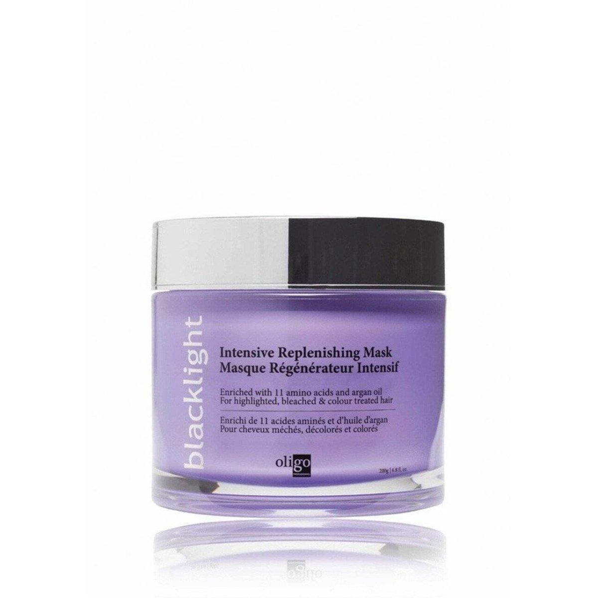 Oligo Blacklight Intensive Replenishing Mask front jar for hair repair at Pasadena salon