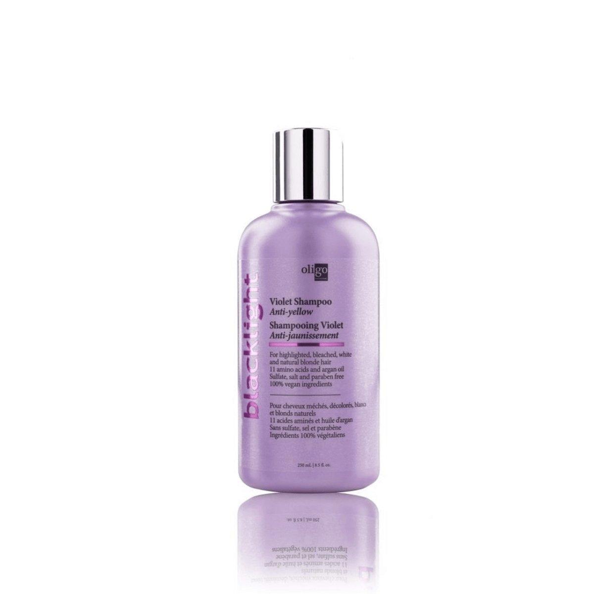 Oligo Blacklight Violet Shampoo Anti-Yellow front view bottle at Pasadena Aveda salon