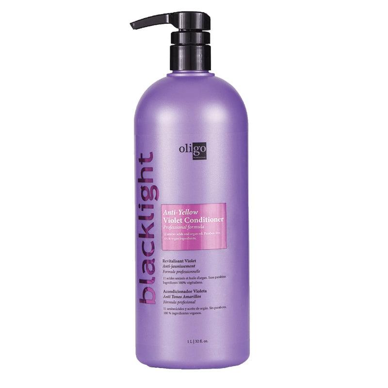 Oligo Blacklight Violet Conditioner back label detail at Pasadena hair salon