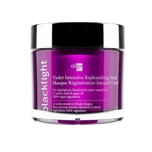 Oligo Blacklight Violet Intensive Replenishing Mask 6.8oz jar for deep conditioning at Pasadena Aveda salon