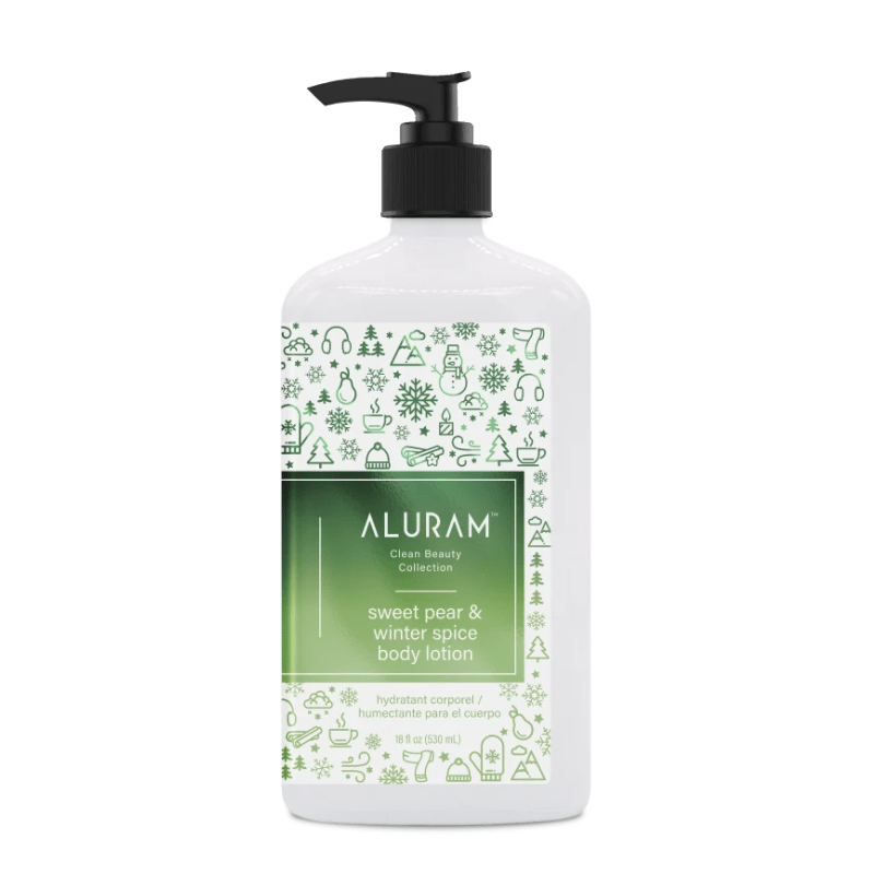 Aluram Sweet Pear and Winter Spice Lotion 18oz bottle skin care at Pasadena spa
